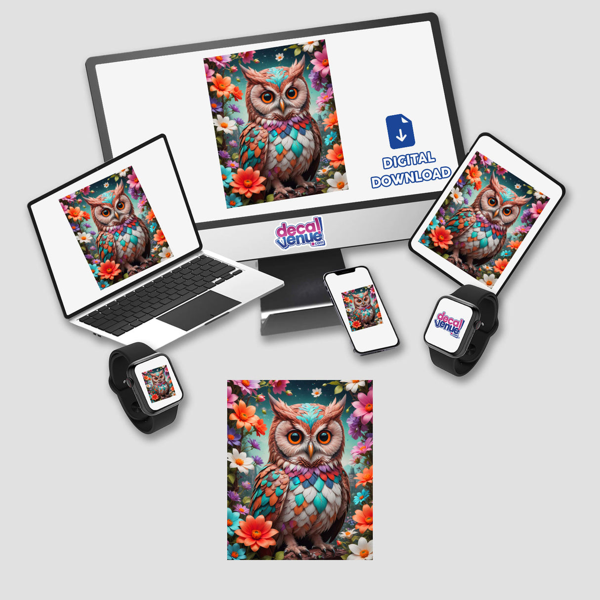 A Lovely Owl With Blooming Flowers displayed on multiple electronic devices, showcasing versatile sticker or digital artwork options from Decal Venue.