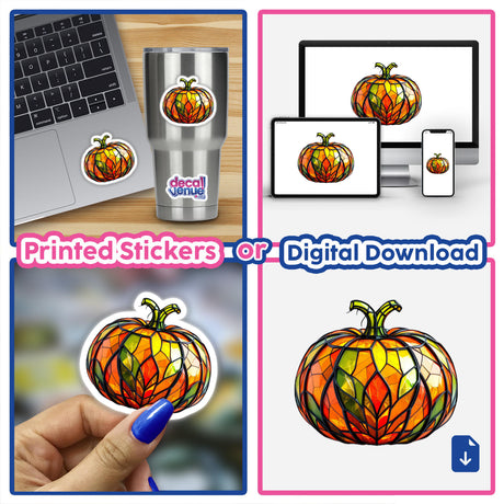 Pumpkin Stained Glass Style: A collage showcasing stained glass-style pumpkins, highlighting a hand holding a glass pumpkin. Available as unique stickers or digital artwork from Decal Venue.