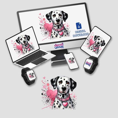 Dalmatian Dog Pink Heart Splatter artwork displayed on a computer monitor and laptop screen, featuring a dog with a pink collar, available as stickers or digital artwork from Decal Venue.