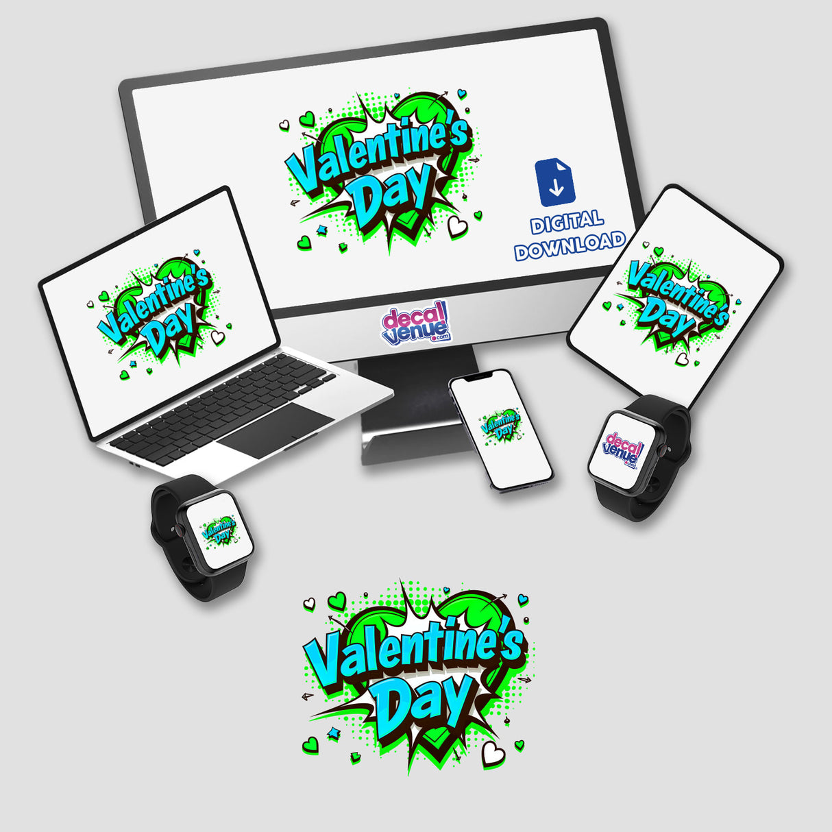 Valentine's Day Love Heart design displayed on a computer monitor and laptop, available as unique stickers or digital artwork from Decal Venue.