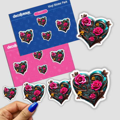 Bronze Swirl Heart with Pink and Yellow Roses sticker, featuring intricate heart designs adorned with delicate roses, ideal for Valentine's Day themes. Available as a sticker or digital artwork.