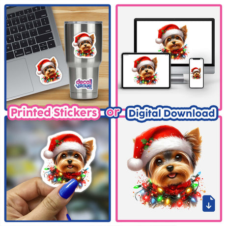 Yorkie Dog in Santa Hat Tangled Lights sticker, featuring a cartoon dog adorned with a Santa hat and festive lights, perfect for decorating laptops, cups, or as digital artwork.