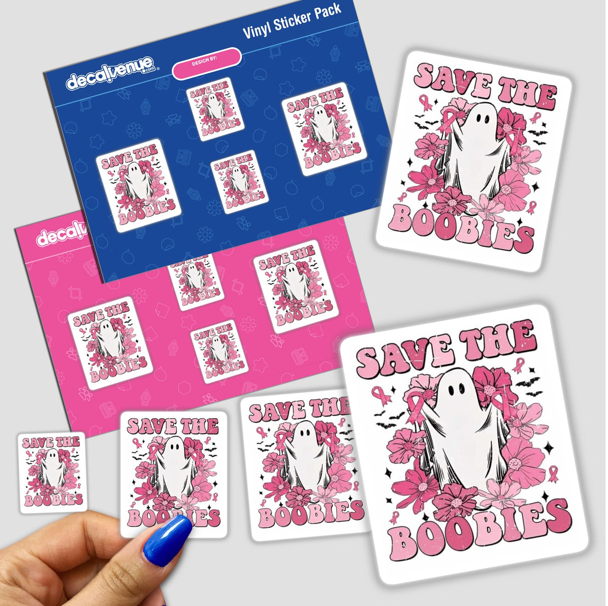 Gold Breast Cancer Series 2 stickers featuring white ghosts with pink flowers and text, plus nail art and other designs, embodying unique, supportive themes. Available as Stickers or Digital Artwork.