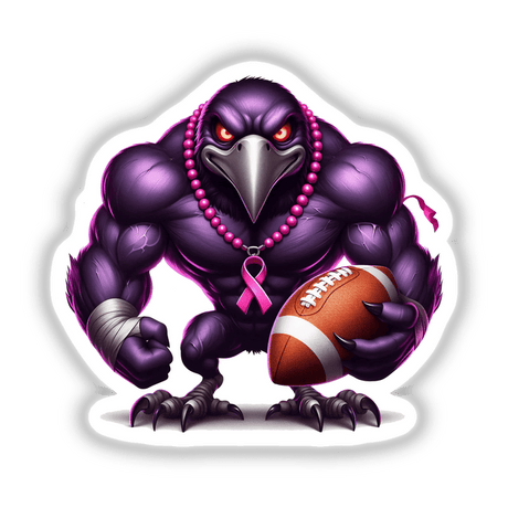 Muscular Purple Raven Bird holding a football, with a pink ribbon signifying Breast Cancer Awareness. Available as stickers or digital artwork from Decal Venue.