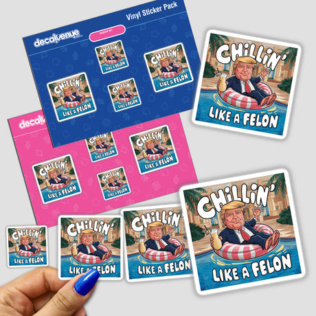 Colorful digital artwork stickers featuring an image of a man with the text "Chillin' Like a Felon II". The stickers are part of a product pack offered by the Decal Venue store, which specializes in unique digital art and stickers created by talented designers.