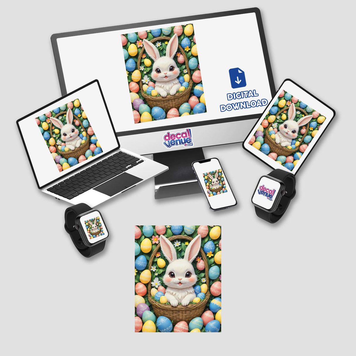 A Cute Easter Bunny in a Basket with Eggs displayed on a computer monitor and laptop, showcasing the charming digital artwork available as stickers from Decal Venue.