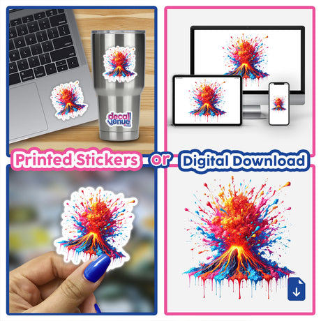 Psychedelic Erupting Volcano - Vibrant Colorful Explosion sticker displayed on a laptop, showcasing a dynamic, artistic portrayal of a volcano's eruption, available as unique stickers or digital artwork.