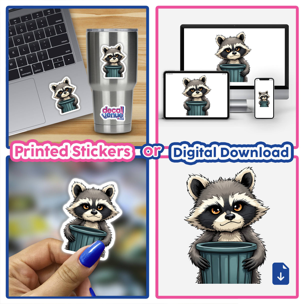 Adorable Cartoon Raccoon Holding Trash Can sticker collage showcasing various designs and close-ups, available as stickers or digital artwork from Decal Venue.