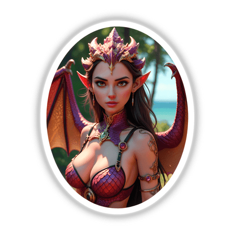 A Beautiful Fantasy Dragon Girl, featuring a woman in a purple and gold garment, is available as stickers or digital artwork, capturing intricate details like a headdress and fantastical elements.