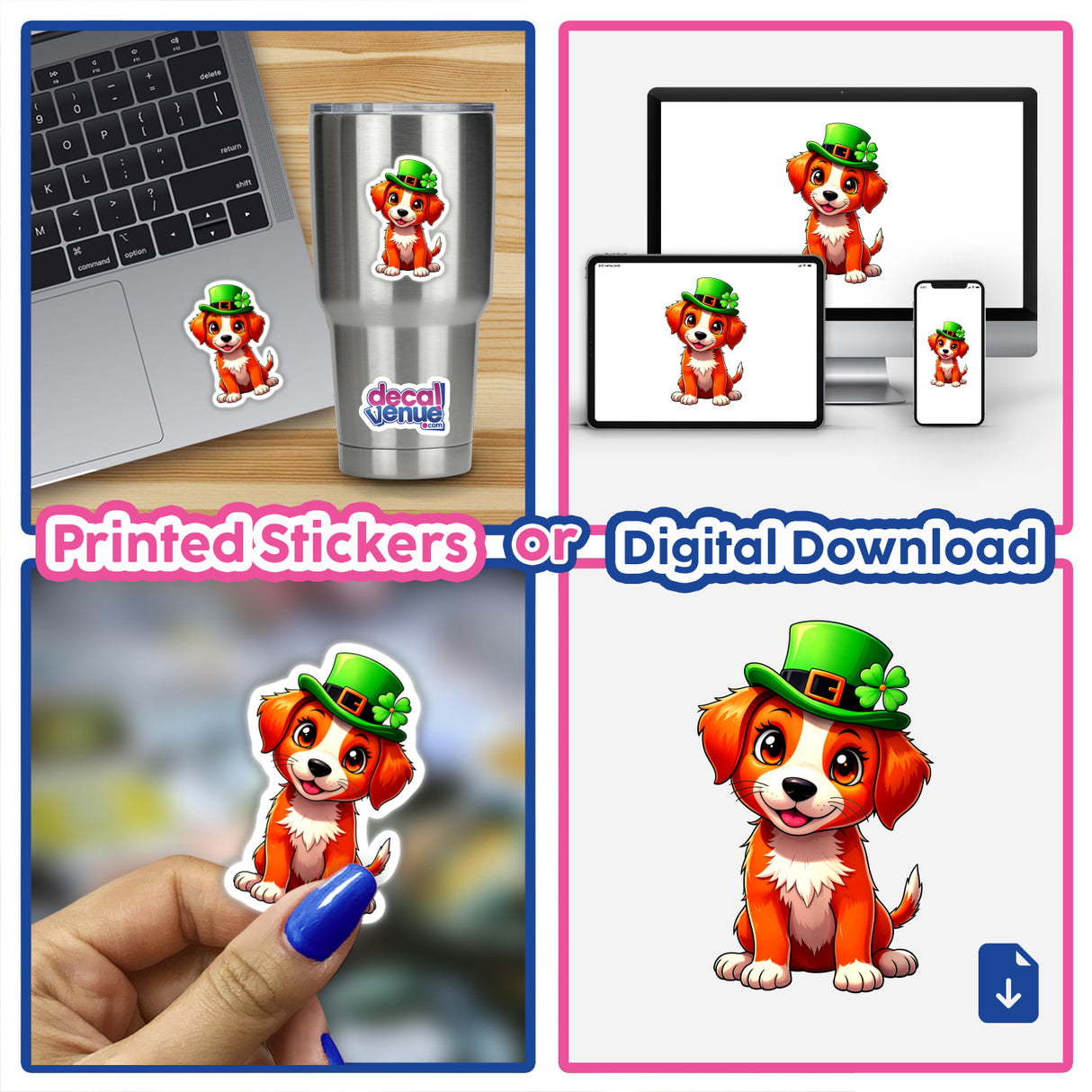 St. Patrick's Day Puppy digital artwork and stickers, featuring a cartoon dog wearing a green hat. Perfect for laptops, showcasing Decal Venue's unique sticker and digital art collection.