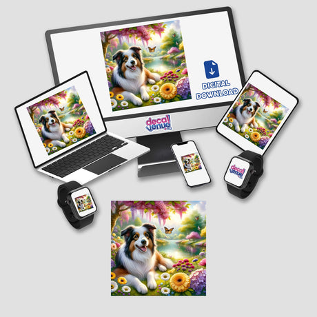 Watercolor illustration of a Border Collie by a tranquil lake displayed on a computer monitor and laptop screens, available as stickers or digital artwork.