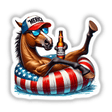 Saddlebred Horse American Flag Float Merica - Patriotic digital artwork featuring a horse wearing a 'Merica' hat, sunglasses, and relaxing in a red, white, and blue inflatable float while holding a beer bottle.