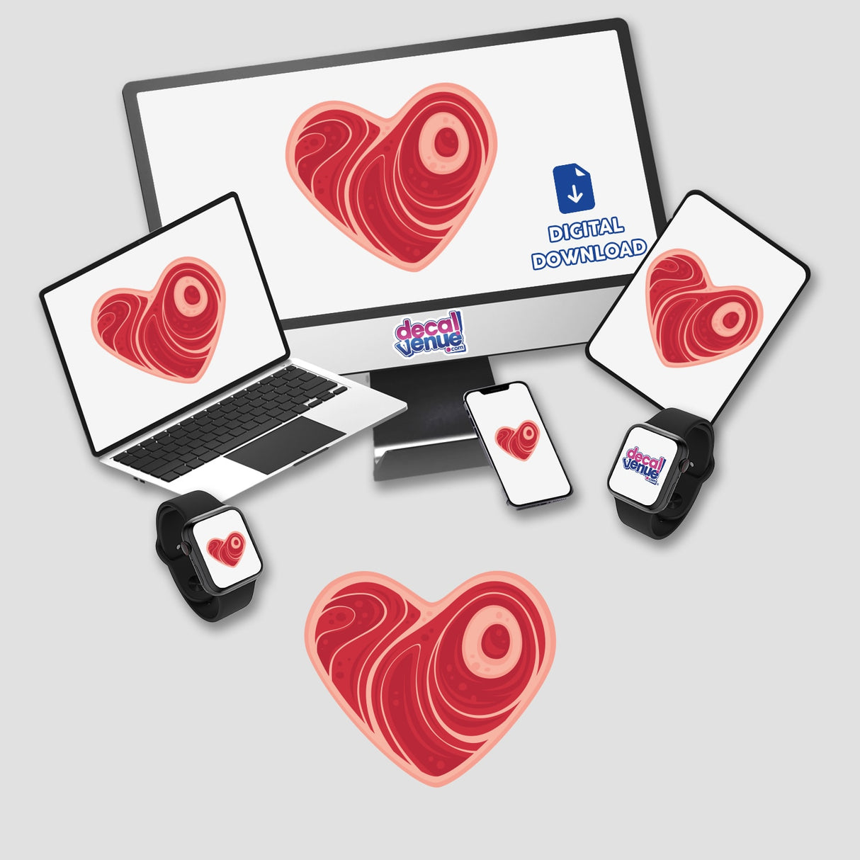 Meat Heart sticker featuring a heart-shaped design on a laptop and monitor screen, available as part of a sticker pack or individually, ideal for tech and digital art enthusiasts.