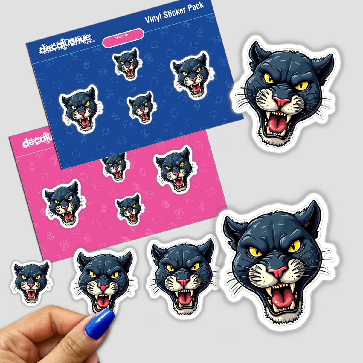 Sticker pack titled Pantera Azul featuring cartoon cat faces and black panthers with yellow eyes, emphasizing the unique and artistic style of Decal Venue.