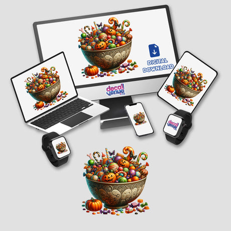 Colorful digital artwork of a decorated bowl filled with an assortment of Halloween candies, pumpkins, and other autumn-themed elements. The image is prominently displayed on various digital devices, including a laptop, tablet, smartphone, and smart watch, indicating its versatility as a downloadable digital product from Decal Venue, an online store specializing in unique stickers and digital art.