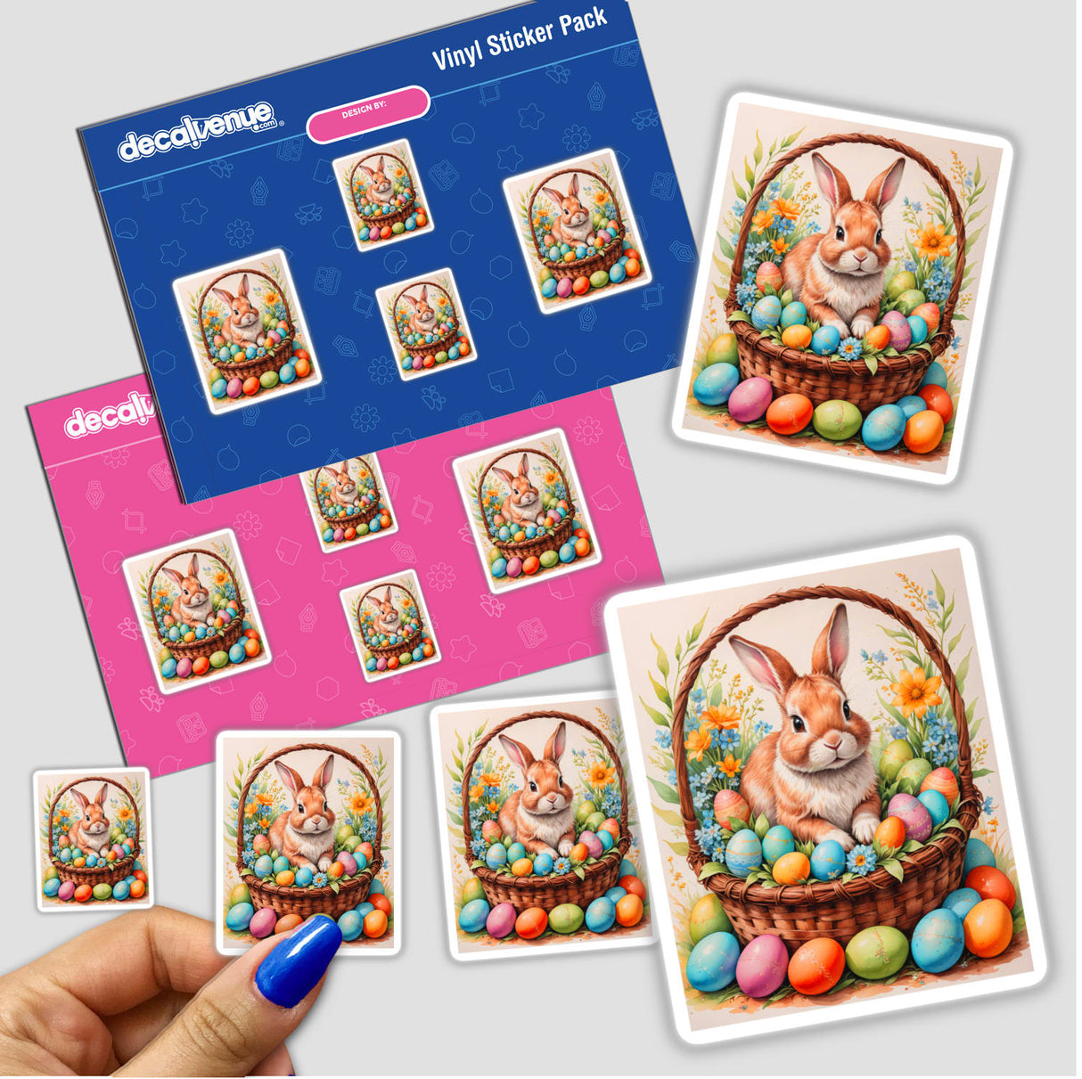 Cute Easter Bunny sticker depicts a rabbit nestled in a basket with colorful eggs, available as stickers or digital artwork from Decal Venue.