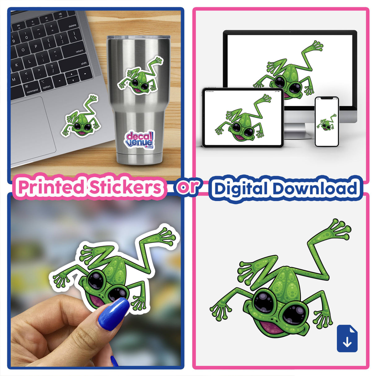 Happy Green Tree Frog sticker collage featuring a cartoon frog with big eyes on laptops, cups, and screens, showcasing its playful design as part of Decal Venue's unique sticker collection.