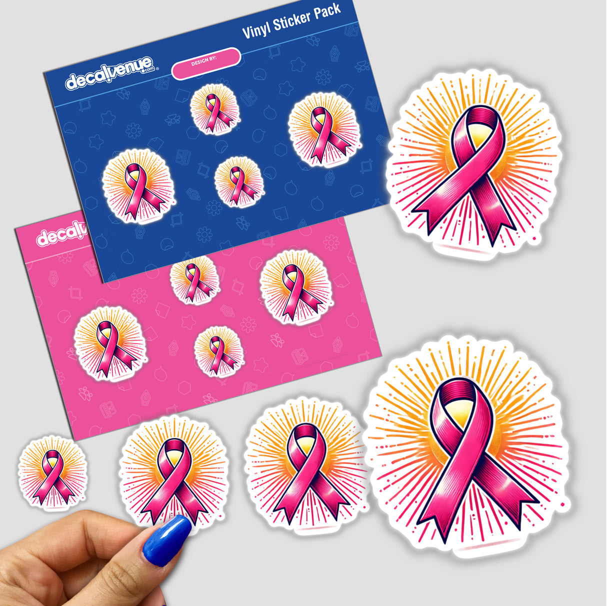 Pink Ribbon and Sunburst Breast Cancer Awareness sticker pack featuring close-up details of pink ribbons with sun rays and a hand with a painted fingernail.