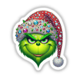 Green Grouch Christmas Face with Jeweled Santa Hat II, featuring a cartoon green character adorned with vibrant gems and a hat, available as unique stickers or digital artwork from Decal Venue.