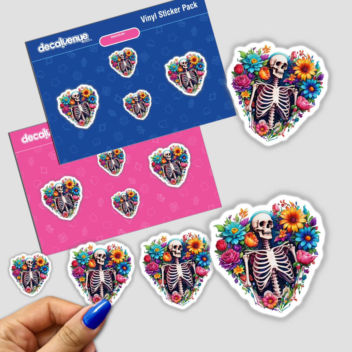 Sticker pack featuring a skeleton heart surrounded by flowers and leaves, showcasing intricate designs available as both stickers and digital artwork.