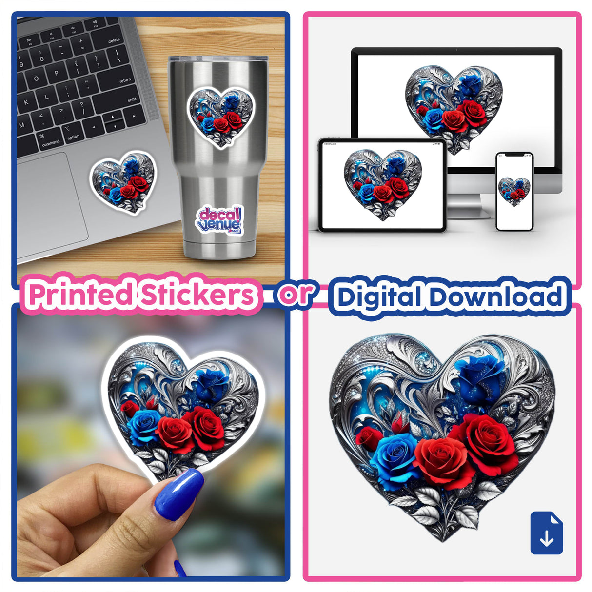 Elegant Silver Blue Heart with Red and Blue Roses featured as a sticker on a laptop, showcasing intricate floral designs, available from Decal Venue as vinyl stickers or digital artwork.