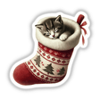 Kitten Resting Inside Christmas Stocking artwork featuring a cute cat nestled in a festive stocking, perfect for holiday-themed stickers or digital downloads.