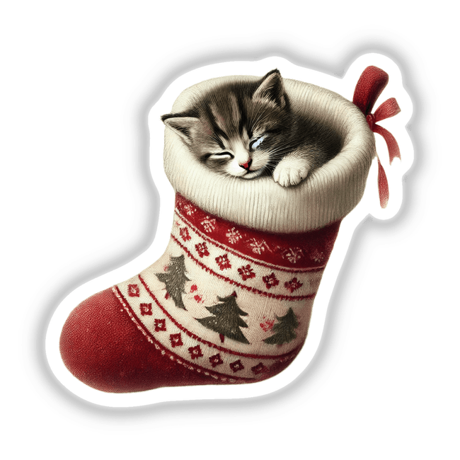 Kitten Resting Inside Christmas Stocking artwork featuring a cute cat nestled in a festive stocking, perfect for holiday-themed stickers or digital downloads.