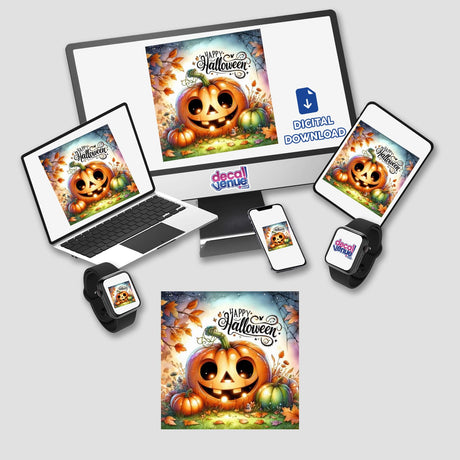 Bronze Halloween Series 3: A computer monitor and laptop displaying pumpkins, available as unique stickers or digital artwork from Decal Venue.