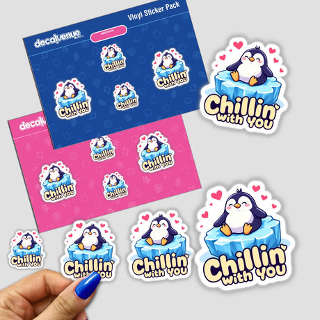 Valentine Penguin stickers featuring adorable penguins on icebergs, available as unique vinyl decals or digital artwork, embodying Decal Venue's whimsical style. Perfect for personalizing envelopes or boxes.