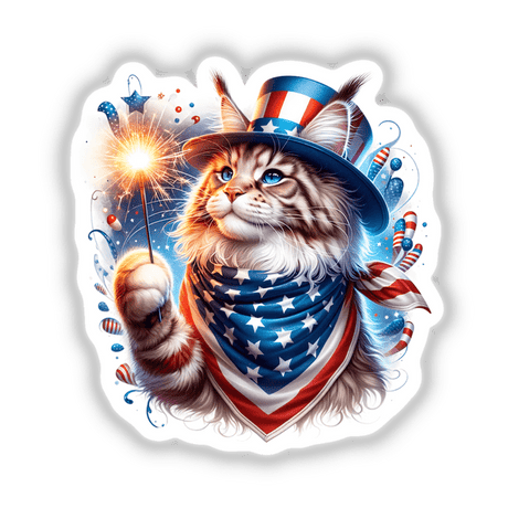 Maine Coon Cat Holding Sparkler 4th of July Patriotic