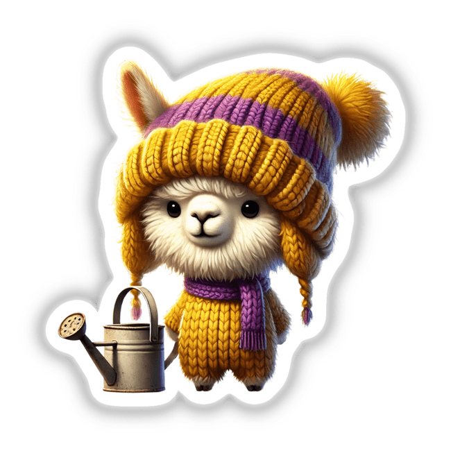 Adorable alpaca gnome holding a watering can, wearing a cozy knit hat and scarf in vibrant yellow and purple colors. Cute digital artwork created by talented designers at DecalVenue.