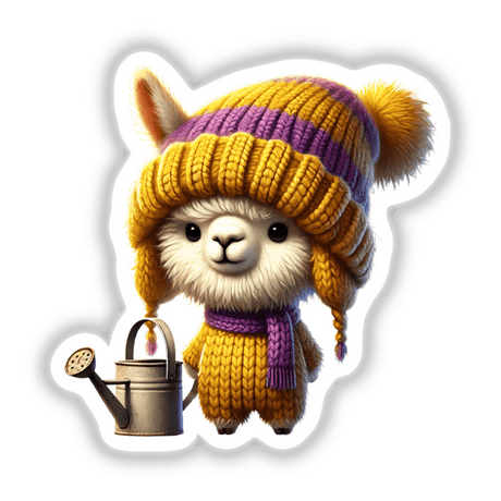 Adorable alpaca gnome holding a watering can, wearing a cozy knit hat and scarf in vibrant yellow and purple colors. Cute digital artwork created by talented designers at DecalVenue.