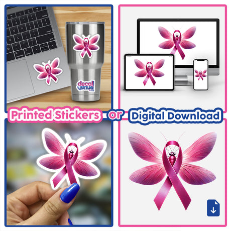 Firefly Pink Ribbon Breast Cancer sticker or digital artwork featuring a collage of pink ribbons, butterflies, and a laptop adorned with a pink ribbon.