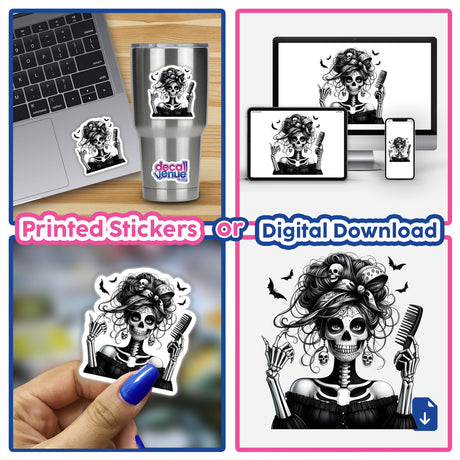 Skeleton Zombie Mama Spooky Hairdresser sticker featuring a skeleton woman with a vintage hairdo and comb, ideal for laptops or cups, available as unique stickers or digital artwork.