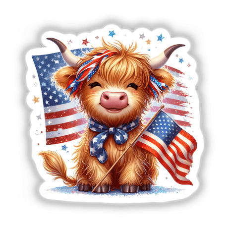 Patriotic Highland Cow with American Flag Splatter