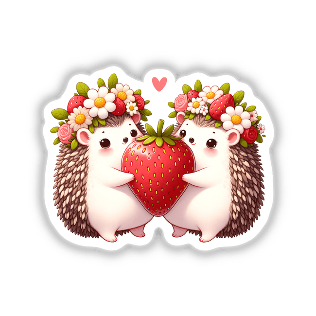 Two Hedgehogs Sharing a Giant Strawberry