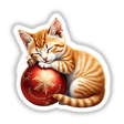 Cat Sleeping on Christmas Ornament design featuring an adorable cat curled up on a festive ornament, perfect for holiday crafts, available as stickers or digital downloads.