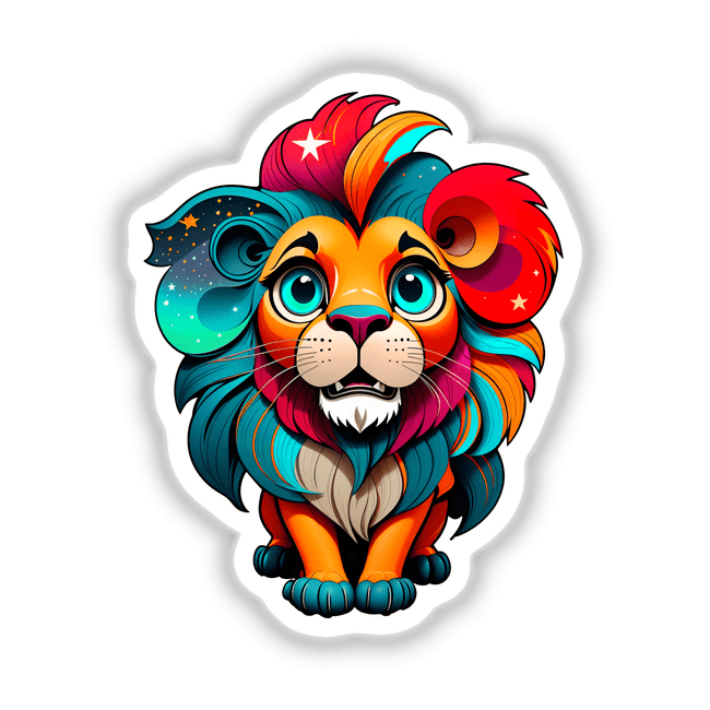 Cute Little Lion cartoon with colorful hair, showcasing its face, eyes, and mouth, available as stickers or digital artwork from Decal Venue.