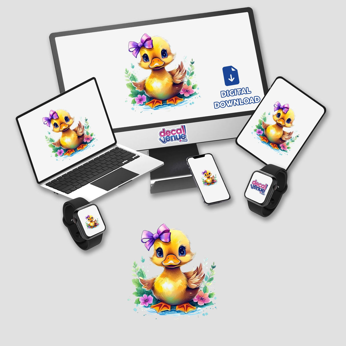 Duckling stickers and digital artwork displayed on a computer monitor, laptop, tablet, smartphone, and smartwatch screens, featuring a cartoon duck with a purple bow.