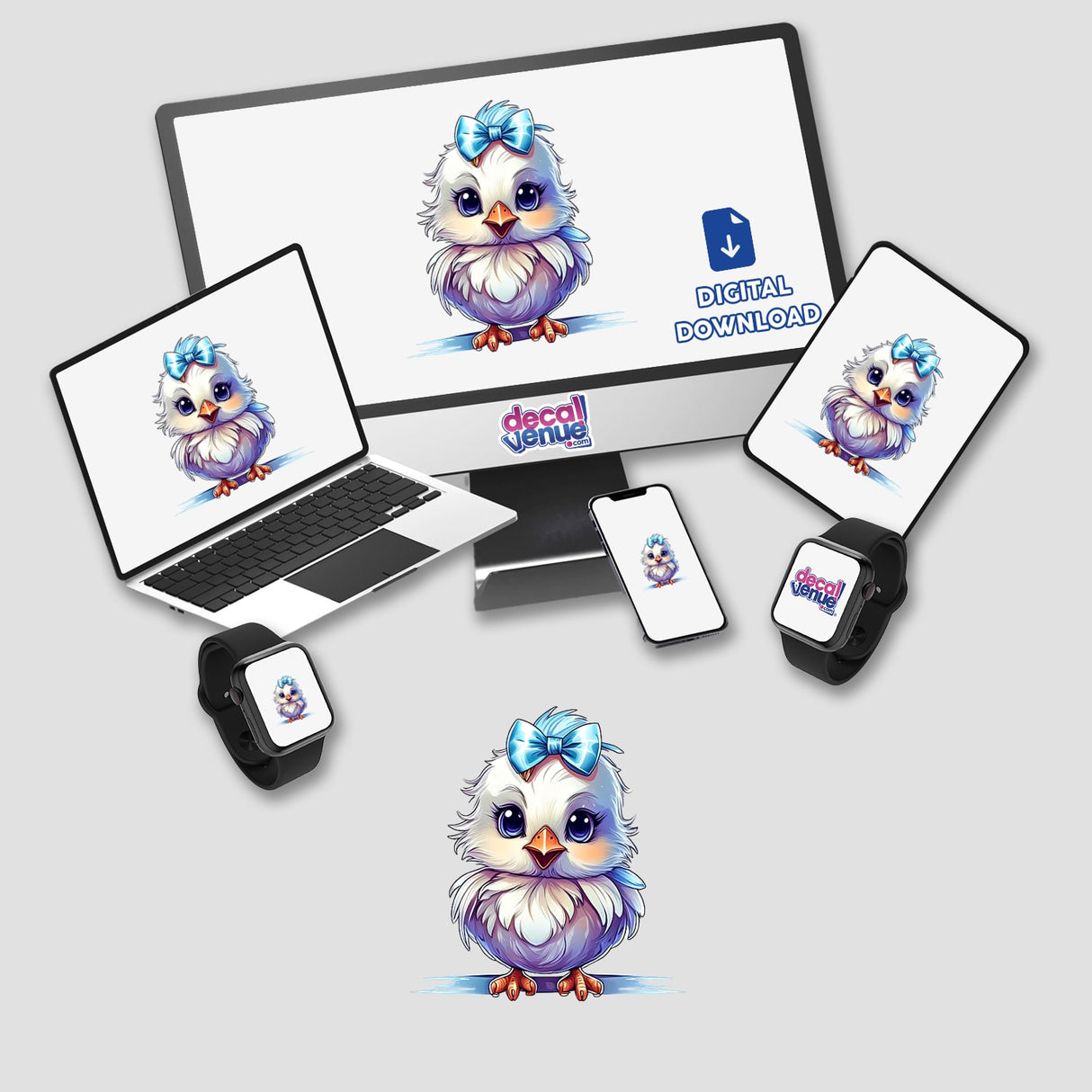 Computer monitor and laptop displaying a cartoon baby chick, available as stickers or digital artwork.