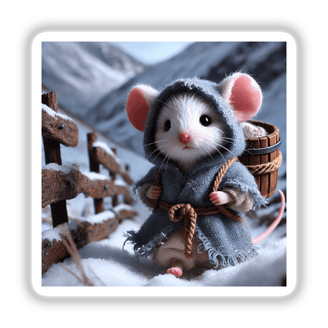 Winter Mouse depicted as a cartoon toy, wearing a robe and hat. Available as stickers or digital artwork, perfect for fans of unique designs from Decal Venue.