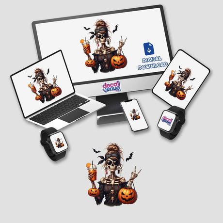 Halloween Skeleton Pirate Mama digital artwork and stickers featuring skeletons holding pumpkins and drinks displayed on a computer, laptop, smartwatch, and phone.