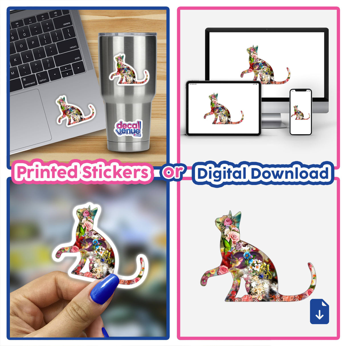 Floral Kitty digital artwork featuring a colorful, abstract cat design in various digital formats - printed stickers, laptop screen, mobile devices - showcasing Decal Venue's unique sticker and digital art products.