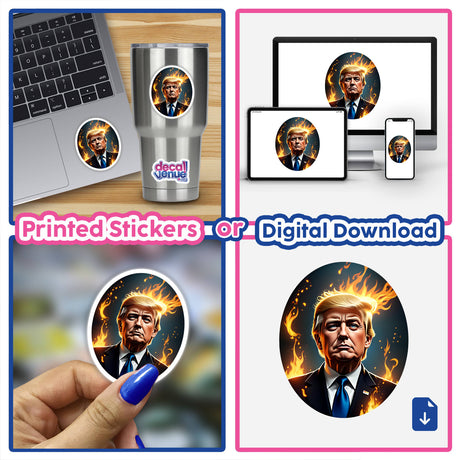 Collage featuring a laptop with a sticker of President Donald Trump, depicted with flames around his head, available as unique vinyl stickers or digital artwork from Decal Venue.