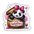 Coquette Valentine Panda Bear peeks from a barrel, adorned with a pink bow, available as stickers or digital artwork from Decal Venue.