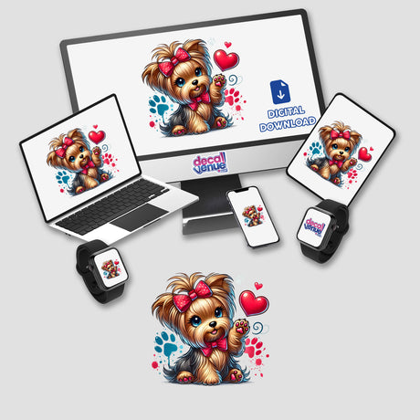 Valentine Yorkie Dog Hearts stickers and digital artwork featuring cartoon dogs with bows and paw prints displayed on a laptop and monitor. Perfect for fans of cute canine-themed decor.