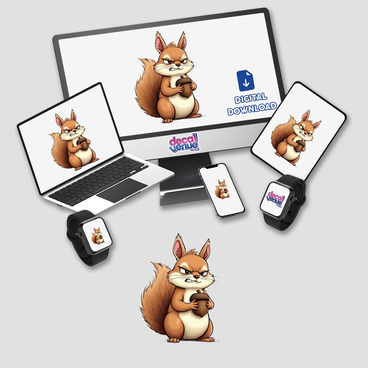 Cute Grumpy Squirrel Holding Acorn Cartoon displayed on a computer monitor and laptop screen. Available as stickers or digital artwork.