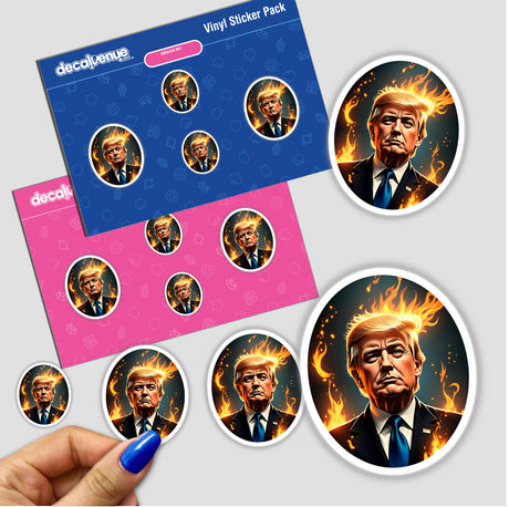 Stickers featuring President Donald Trump with flames around his head, available as unique vinyl stickers or digital artwork from Decal Venue.