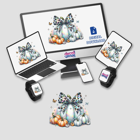 Prismatic white and orange fall pumpkins with leopard bow digital artwork, displayed across various digital devices by Decal Venue.