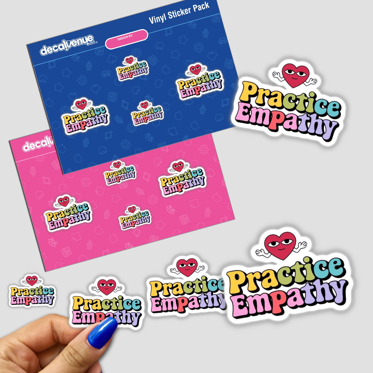 Practice Empathy sticker pack featuring colorful designs with text and cartoon elements, highlighting compassion themes, available as physical stickers or digital artwork.